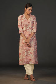 Pure Linen Cotton Digital Ptd Kurti Cream Rust Flower
