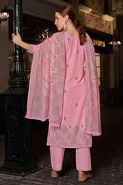 Cotton Digital Printed Embroidery Work Straight Cut Dress In Pink Color