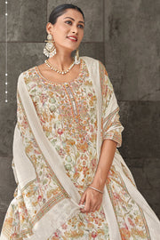 Off White Jaam Satin Digital Print Fancy Salwar Kameez With Yock Embroidery Work