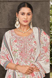 Jaam Satin Digital Print Fancy Off White Salwar Kameez With Yock Embroidery Work