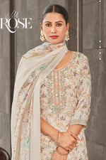 Load image into Gallery viewer, Off White Color Jaam Satin Digital Print Dress With Yock Embroidery Work
