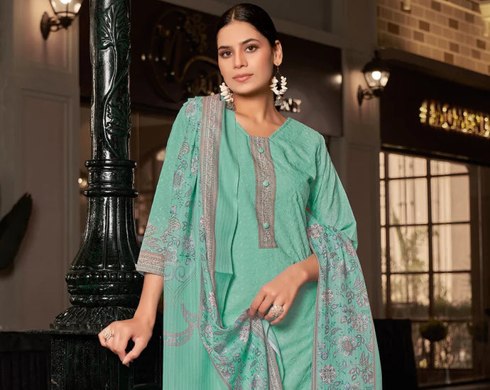 Cotton Digital Printed embroidery Straight Cut Light cyan Color Salwar Kameez