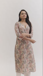 Load and play video in Gallery viewer, Sunaina Digital Printed Fabric Cream / Grey Pink Flower Top
