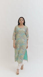 Load and play video in Gallery viewer, Pure Italian lawn Digital Ptd Kurti Firozi Top
